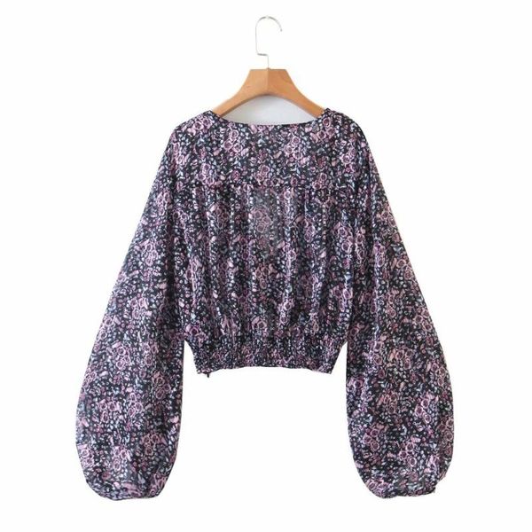 

long lantern sleeve floral crop blouse women v neck knot blouse vintage casual streetwear top, White