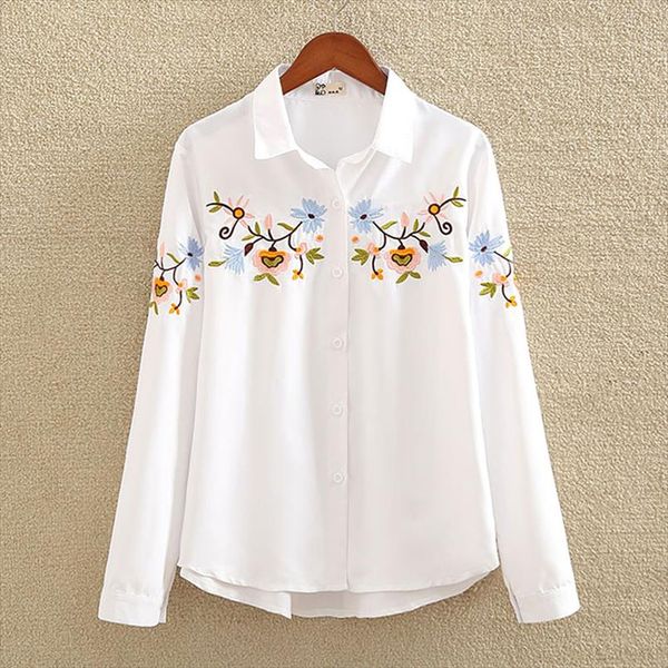 

long sleeve floral embroidery women blouse white elegant turn down collar office lady casual blouse 2020 spring new top