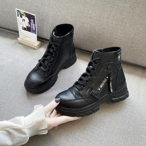 

2020 winter new martin boots round toe boots short lace, Black