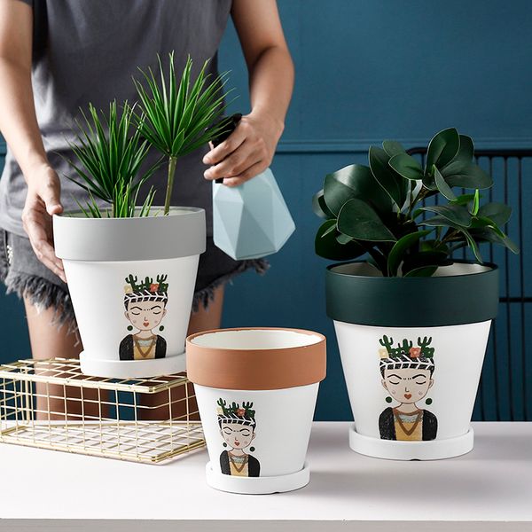 Vaso da fiori in ceramica stile etnico Fioriera verticale con vassoio Vaso per piante bonsai Decorazione domestica Fornitura da giardino Diametro 15 cm Y200709