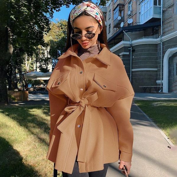 

elegant casual sashes autumn women wool blend warm pockets beige wool winter coat female clothing short coat1, Black