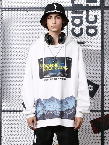 

men mountain & slogan graphic drop shoulder drawstring hoodie 22y4#, Black