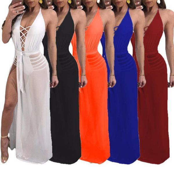 

ladies party club elegant halter dress women perspective mesh dresses vestidos womens long maxi lace up dresses1, Black;gray