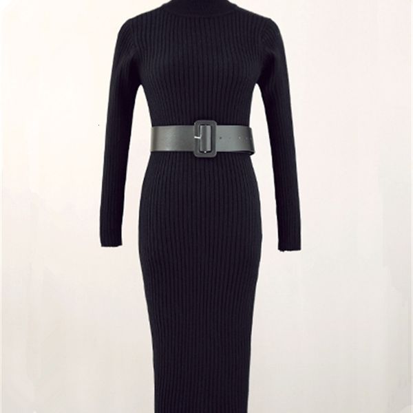 

2021 new turtleneck tight knitted sweater women autumn winter long sleeve robe streetwear sheath knee-length bodycon 2q2y, Black;gray