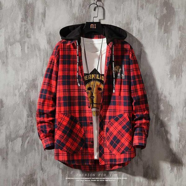 

mens long sleeve shirt korean version of the trend hooded male fashion loose plaid coat autumn new arrvial1, White;black