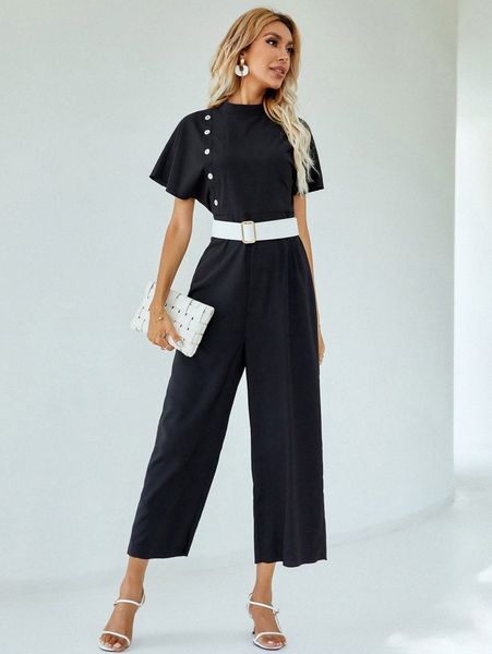 

stand neck butterfly sleeve jumpsuit without belt g5gu#, White