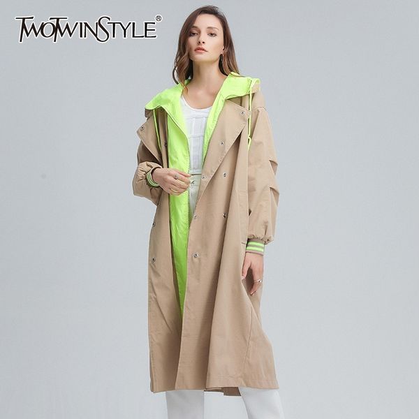 

twotwinstyle korean patchwork hit color trench for women lapel long sleeve hoodies casual loose windbreaker female fall new 201102, Tan;black