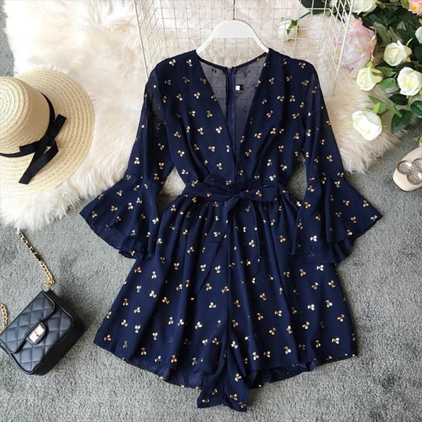 

elegant women deep v neck printed chiffon playsuit summer sashes female jumpsuit romper flare sleeve ladies short overalls, Black;white