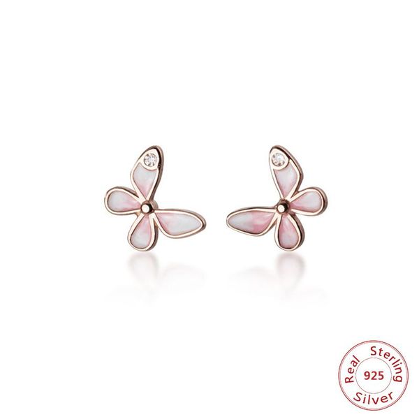 

stud 925 sterling silver studs earrings for women girls cute tiny pink butterfly fashion cz crystal jewelry, Golden;silver