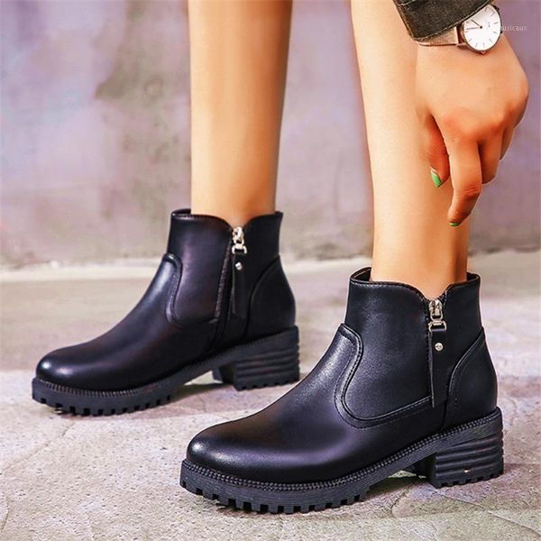 

women ankle boots 2020 autumn female casual shoes woman flat fashion platform zipper rivets solid comfortable botas mujer1, Black