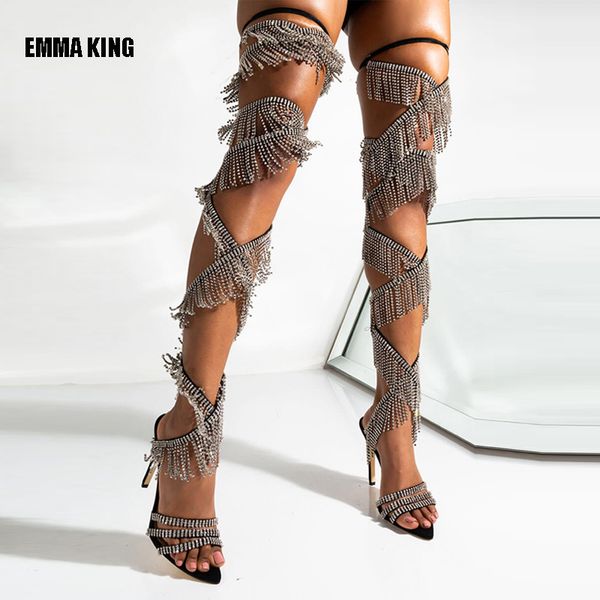 

boots 2021 women summer 12cm high heels suede cross strap night club sandals crystal tassel over knee for, Black