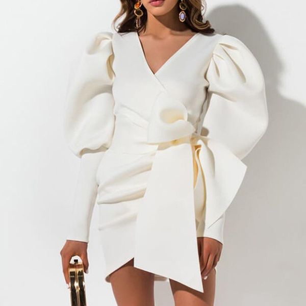 

aartiee v-neck puff sleeve women dress 2019 autumn winter short female dress mini sash belt party vestidos bandage1, Black;gray