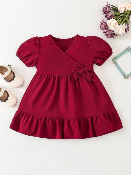 

baby puff sleeve bow front ruffle hem dress she, Red;yellow