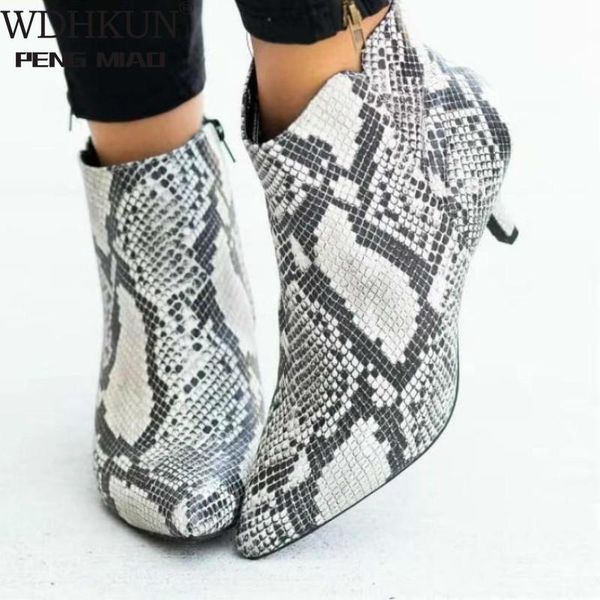 

boots women's ankle leopard women pointed toe ladies chunky high heel female shoes woman footwear plus size 35-43 snake, Black