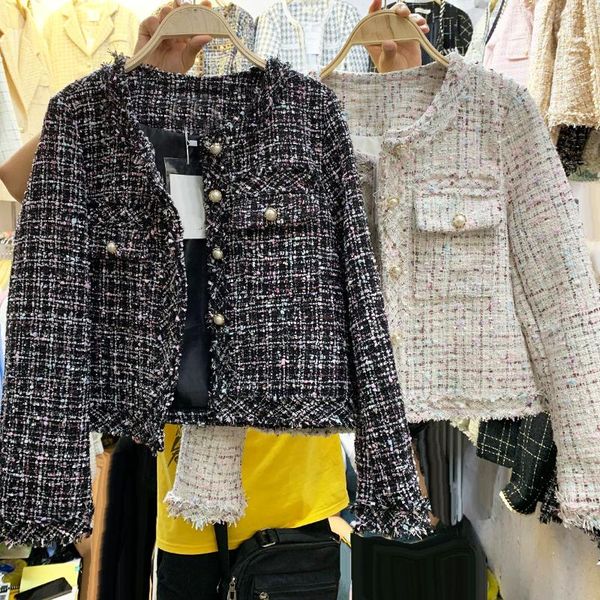 

women's jackets celebrity small fragrance stitching burr plaid suit tweed jacket 2021 autumn winter slim single breasted woolen coat, Black;brown
