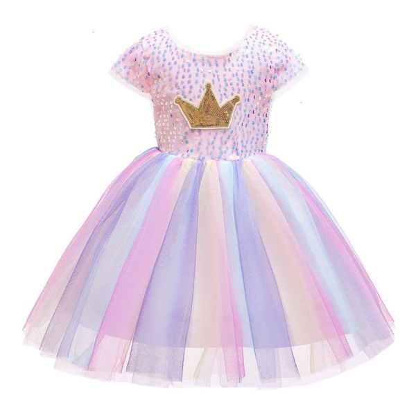 

girl's summer children's little girls' 2020 rainbow mh crown sequin princs drs, Red;yellow