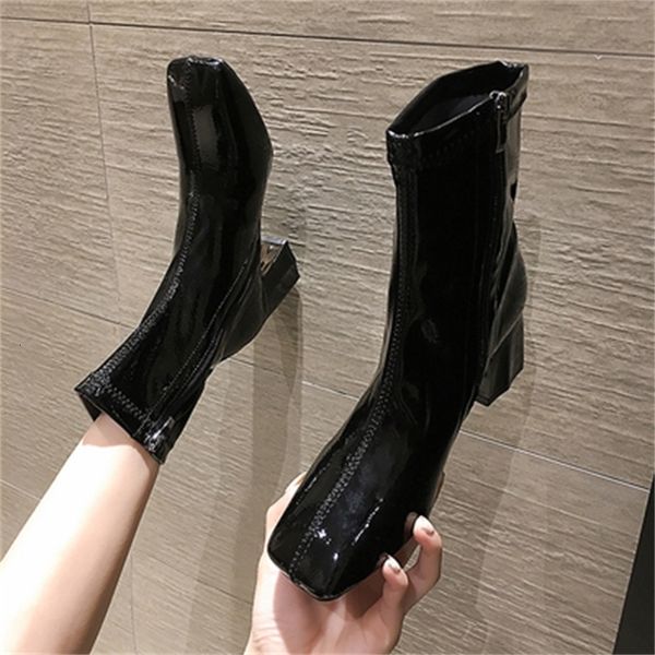 

fashion 2021 new metal cord women's chain design knee high leather boots square jumps ladies zip shoes anip, Black