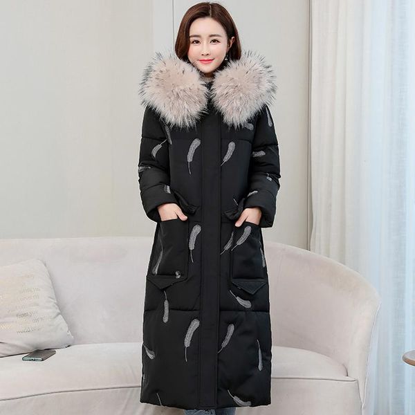 

women's down & parkas 2021 winter jacket women plus size cotton padded outwear hooded with fur collar female long coat loose parka, Black