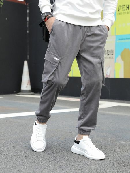 

men patched detail flap pocket side corduroy pants e3e3#, Black