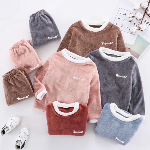 

children's warm suit autumn winter thickened coral cashmere pajamas for boys and girls, Blue;red