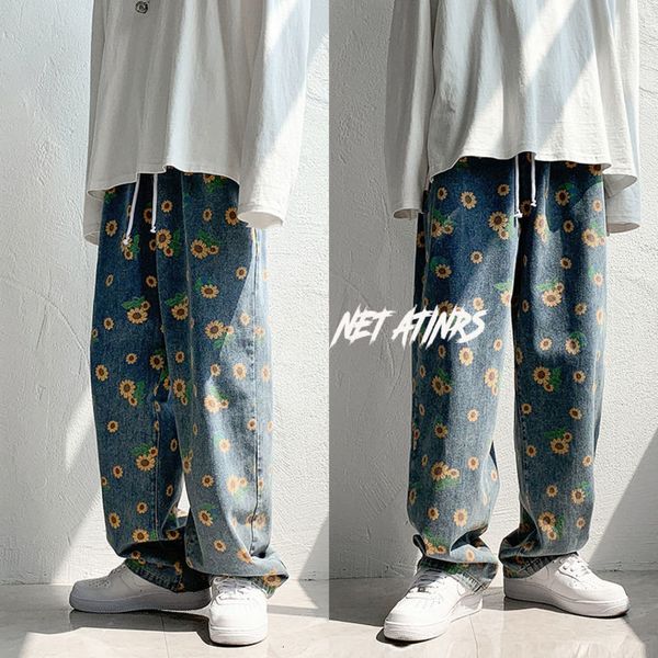 

men's and women's hip hop pattern jeans, large casual , korean street cloth, autumn, 2020, Blue