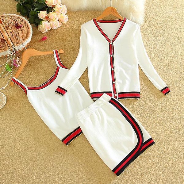 

2021 spring women long-sleeved jacket with camis and skirt 3pcs set striped knitted v-neck casual women sets 3color ly6371, White