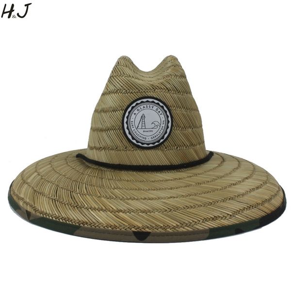 

natural straw weave lifeguard hat for men beach sun hat outdoor wide brim camouflage panama hat size 58-59cm y200714, Blue;gray