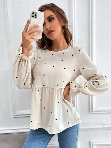 

heart print flounce sleeve peplum blouse b8j0#, White