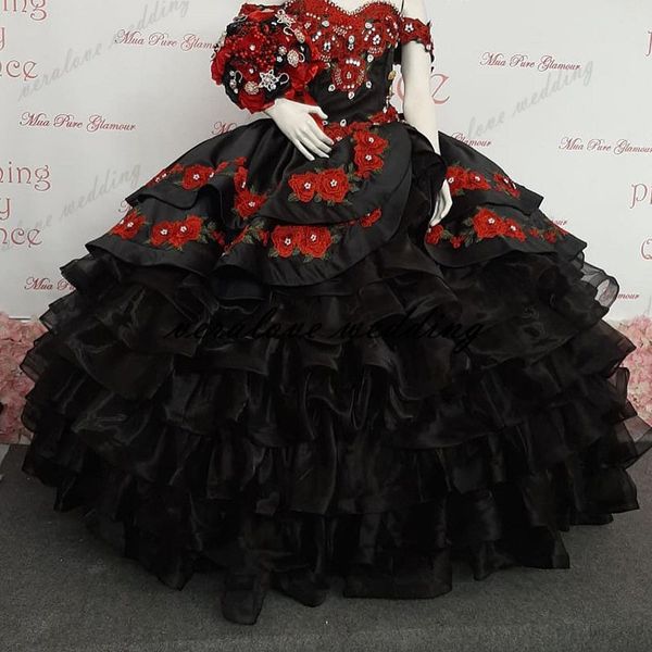

black mexcian quinceanera dress lace appliques ruffles skirt organza sweet 16 dress ball gown prom dresses vestido de 15 anos, Blue;red