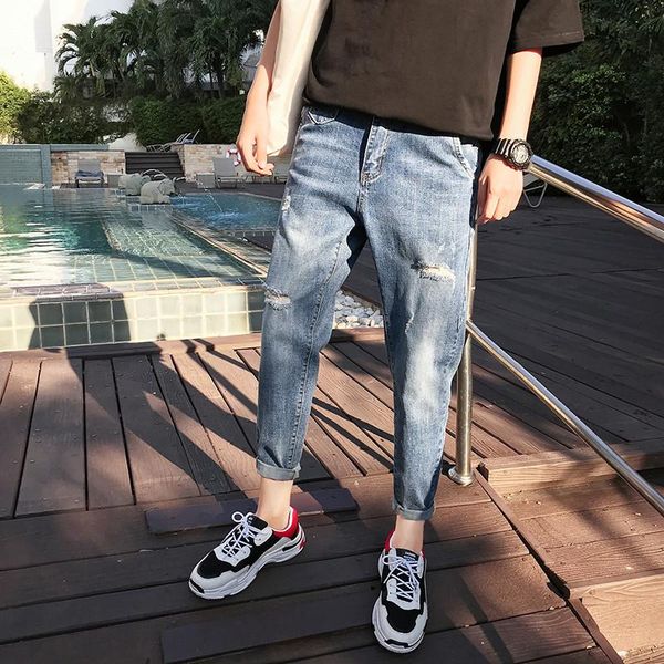 

лето 2020 светлые подростки разорванные джинсы мужские модные бренды тонкие ноги брюки свободные брюки мужские повседневный тонкий карандаш, Blue