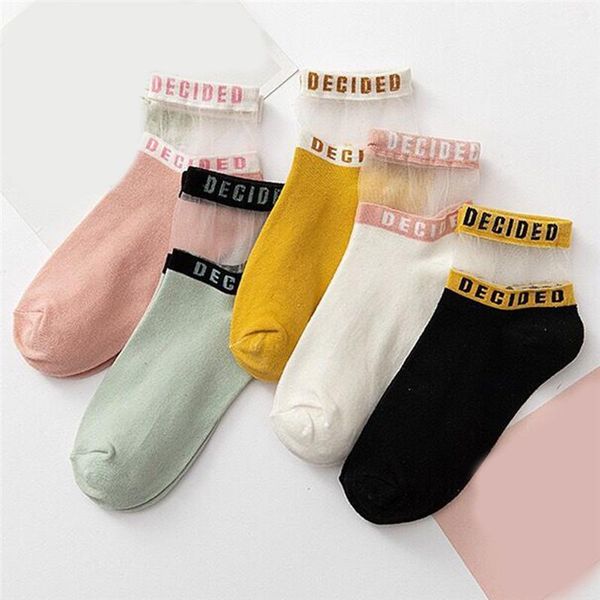 

5 pair breathable ultra thin socks summer women transparent lace silk letter girls elastic short socks female sox1, Black;white