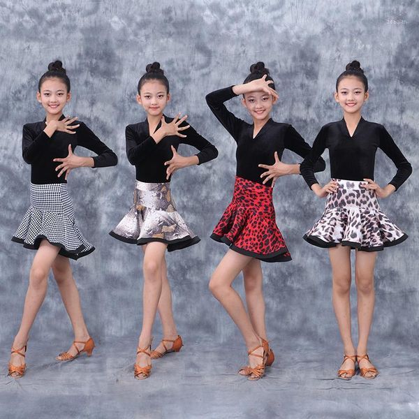 

stage wear 2021 girls ballroom latin dance skirts cha rumba samba long sleeve skirt suit latino dress competition wear1, Black;red