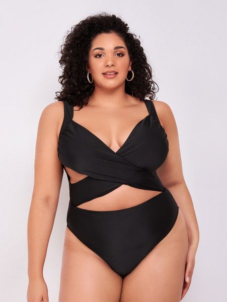 

plus crisscross wrap one piece swimsuit 61ib#, Black