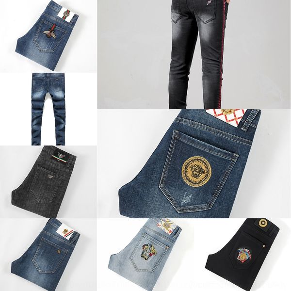 

ecr3k spring summer 2020 thin men's jeans korean version jeanstrousers feet elastic jeans and long and jeansembroidered men's slim, Blue