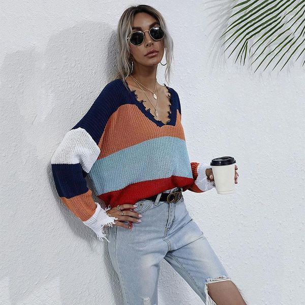 

women's knitted sweater new v-neck pullover sweater fashion european striped stitching 2020 autumn 1, White;black