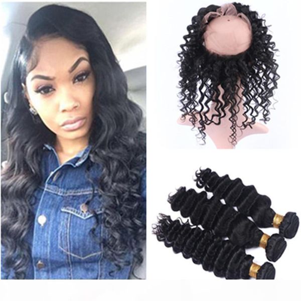 

brazilian human hair deep wave wavy 3bundles with 360 lace frontal 22.5x4x2 pre plucked 360 band lace closure with weaves 4pcs lot, Black;brown
