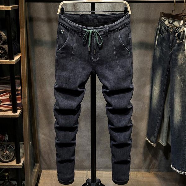 

men's jeans autumn and winter tide brand plus cashmere slim feet pants korean trend 2021 thickening, Blue