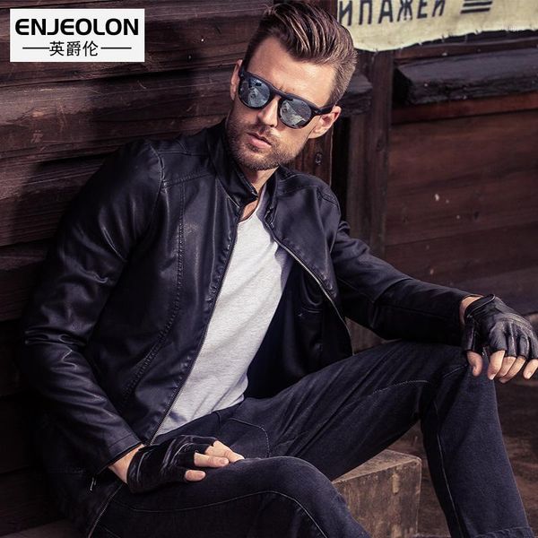 

enjeolon brand pu motorcycle male leather jackets,plus size jacket man, zipper stand collar male casual black coats p2021