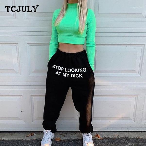 

tcjuly fashion letter slooking at my dick printed harem pants with pockets high waist drawstring loose casual trousers women1, Black;white