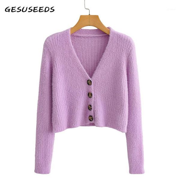 

2020 knitted sweater women cropped cardigan autumn long sleeve sweater korean v neck cardigan vintage purple cute1, White