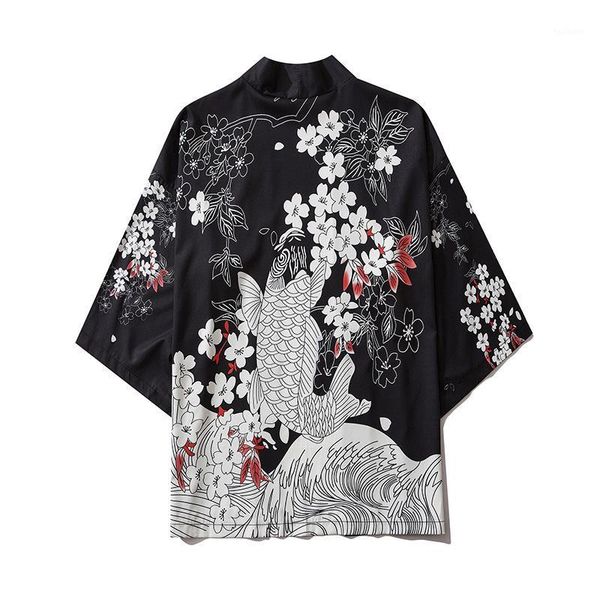 

2020 japanese kimono jacket leaping koi fish harajuku hip hop men japan streetwear jacket summer thin clothes loose kimono1, Black;brown
