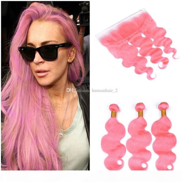 

pink human hair weaves with lace frontal closure brazilian virgin hair bundles with frontal closure body wave with lace frontal closure, Black;brown