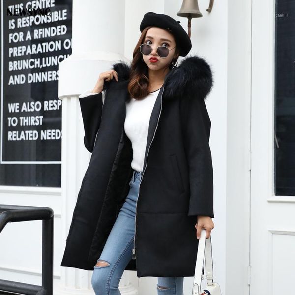 

newsync woolen overcoat women big size 2020 new winter autumn long coat euro size 5xl 6xl autumn trench outerwear fur collar1, Black