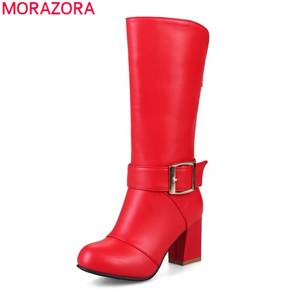 

boots morazora 2021 big size 33-43 winter mid calf thick high heels buckle ladies shoes keep warm square solid women, Black