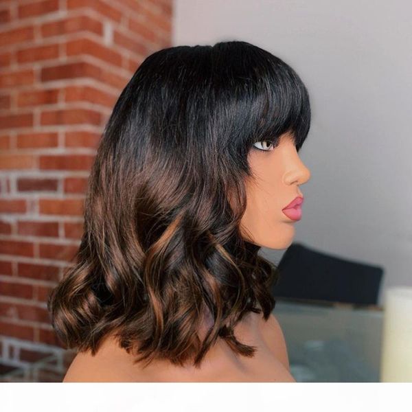 

mongolian highlight body wave human hair wigs with bangs 180density short bob fringe silk full lace wigs for black women, Black;brown