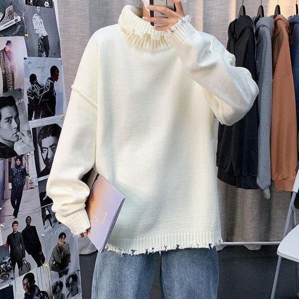 

korean hole turtleneck sweater men's warm fashion casual knitted pullover men autumn winter knitting sweaters mens clothes -2xl1, White;black