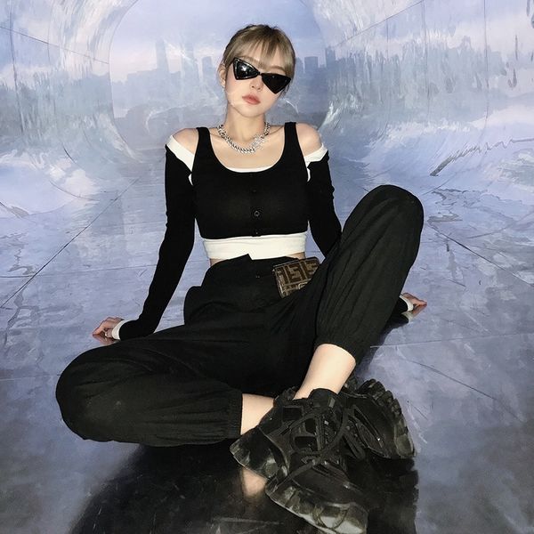 

plet0 zhou white 2020 new black and yangqing small short fit small women's vest long sleeve jacket skirtvest skirtfake two splicing 4u