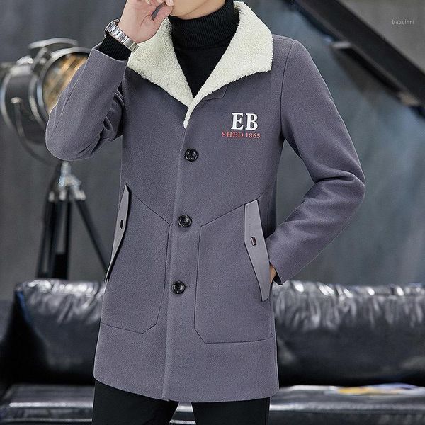 

2020 winter coat leisure long sections woolen coats mens pure color fashion jackets casual men overcoat mantel wolle1, Black