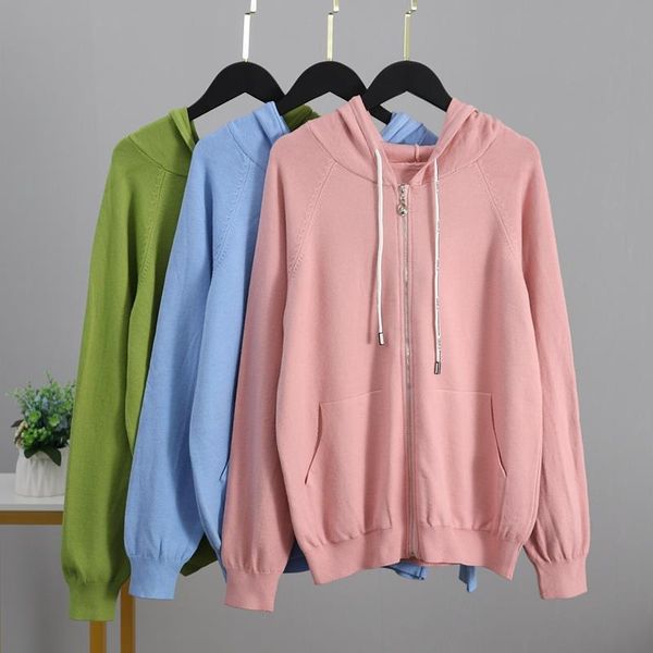 

knit zip autumn winter women sweater with hat fashion loose pull femme casual outwear female sweater coat, White;black