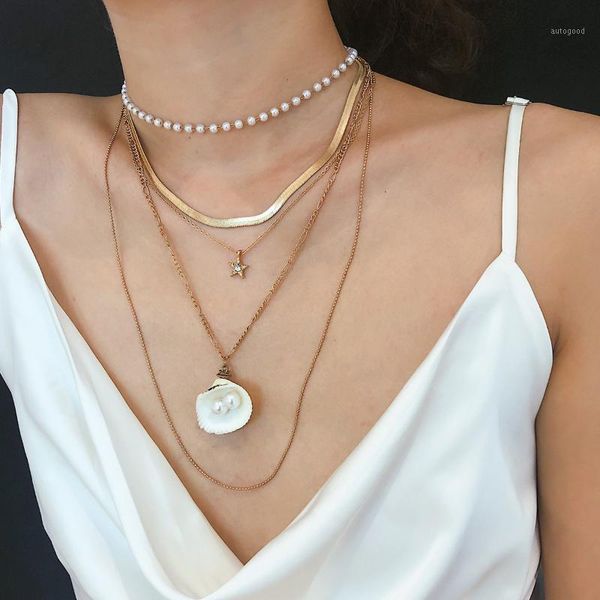 

chains fashion personality multilayer chain necklace costume creative choker collar pearl shell bib chunky for lady1, Silver